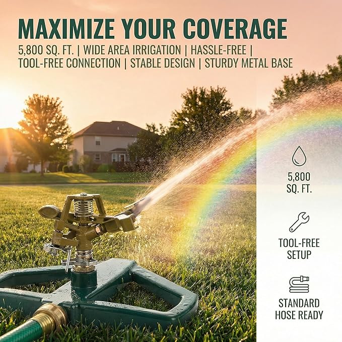 Heavy Duty Metal Impact Sprinkler 360° Rotating Pulsating Sprinkler for Yard & Garden,Metal Base with Built-in Filter Covers Up to 5,800 Sq.Ft,Ideal for Lawn Irrigation