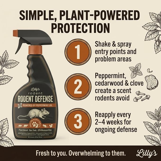 Rodent Repellent Peppermint Oil Spray for Rodents, 24 oz | Repels Mice, Rats, Squirrels & Chipmunks | Plant-Based Mouse Repellent for Indoor, Outdoor, Cars & Garages | Lilly's Rodent Defense