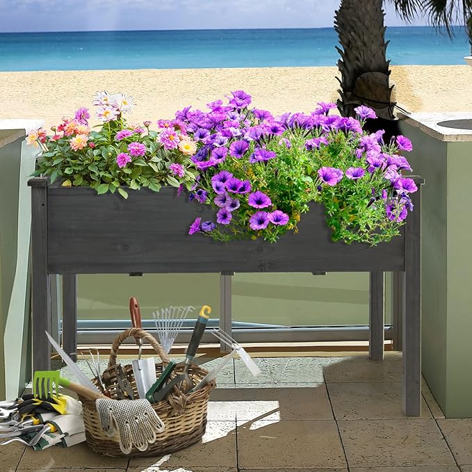 S AFSTAR Raised Garden Bed, Elevated Wooden Planter Box, 48”L x 22”W x 30”H, Outdoor Gardening Planting Bed for Vegetables, Flowers & Herbs Grow, Great for Backyard, Patio, Lawn (Gray)