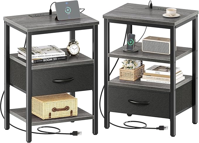 SUPERJARE Nightstand Set of 2 with Charging Station, USB-C Port, End Tables