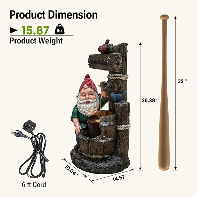 27-Inch Outdoor Water Fountain, 2-Tier Garden Gnomes Statue Resin Waterfall Fountain with Welcome Sign & Bird Accents & LED Light, Home Decor for Lawn, Patio, Porch, Backyard, Enterway in Brown