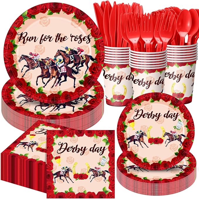 Funnymoom 400 Pcs Run for the Roses Horse Racing Party Supplies for 50 Guests Horse Racing Day Paper Plates and Napkins Knives Spoon Fork Cup Derby Day Dinner Sets for Horses Racings Party