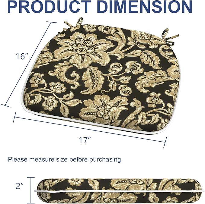 Outdoor 16"x17" Chair Pads Set of 4, Water Resistant Patio Chair Cushions with Ties, Seat Cushions for Home Garden Furniture Decoration, Jacobean Black