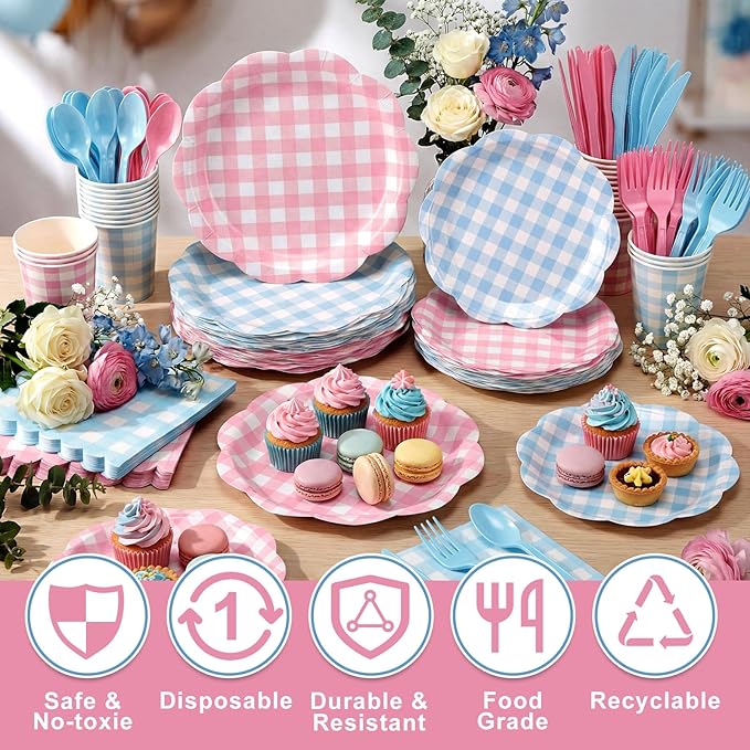Funnymoom 400 Pcs Gingham Party Supplies for 50 Guests Pink and Blue Paper Plates and Napkins Set Knives Spoons Forks Cups Disposable Dinner Party Cutlery for Gender Reveal Baby Shower Birthday