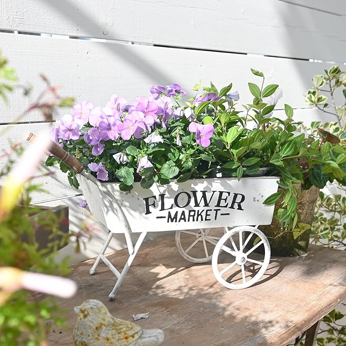 15 Inch Farmhouse Small Flower Cart with Wooden Handles Metal Wagon Planters for Outdoor Plants Decorative Wheelbarrow Plant Cart for Patio Garden Balcony White