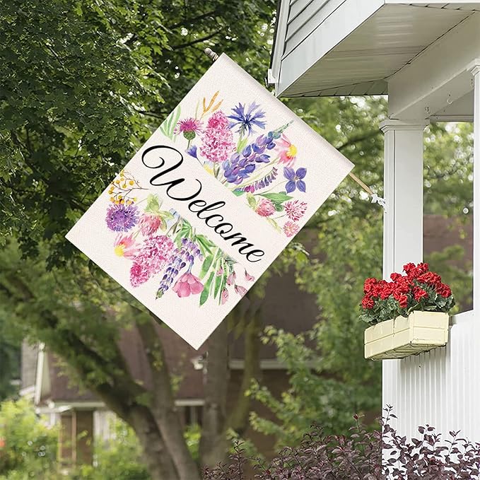 Summer Decor House Flag 28x40 Inches, Watercolor Flower Floral Leaves Welcome Flag Vertical Double Sided, Farmhouse Outdoor Spring Summer Decoration Large Flag for Yard Lawn Home Decor (Pink