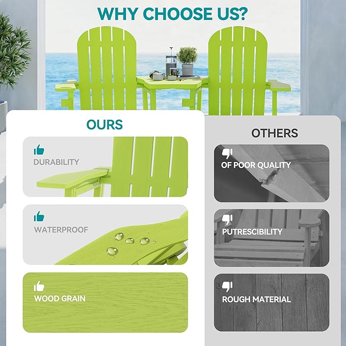 Vongrasig Adirondack Chairs Set of 2 with Removable Tabletop and Footrest, HDPE Plastic Outdoor Chair Set with Wooden Textured, Cup Holder for Patio, Poolside, Garden, Green, 5 Pieces