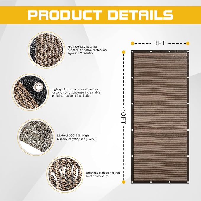 8'x 10' Sun Shade Cloth with Bungee Balls, Mocha Outdoor Pergola Shade Cover with Grommets, 90% UV Block Privacy Screen for Patio, Garden, Backyard