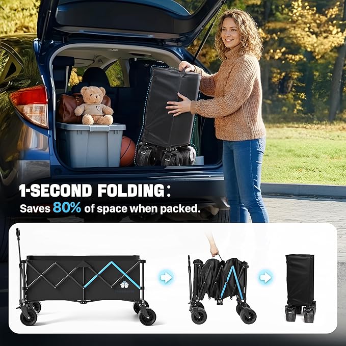 Homebetta XL Collapsible Wagon Cart，48" Heavy Duty Collapsible Utility Wagon with All-Terrain Big Wheels, 560LBS Folding Wagon for Garden, Moving,Glamping, Beach, Gift