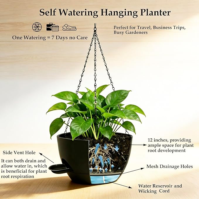 12 Inch Self Watering Hanging Planters 2 Pack, Indoor Outdoor Hanging Pots for Plants with Drainage Holes & Saucers, Black Plastic Hanging Baskets for Kitchen Balcony Garden