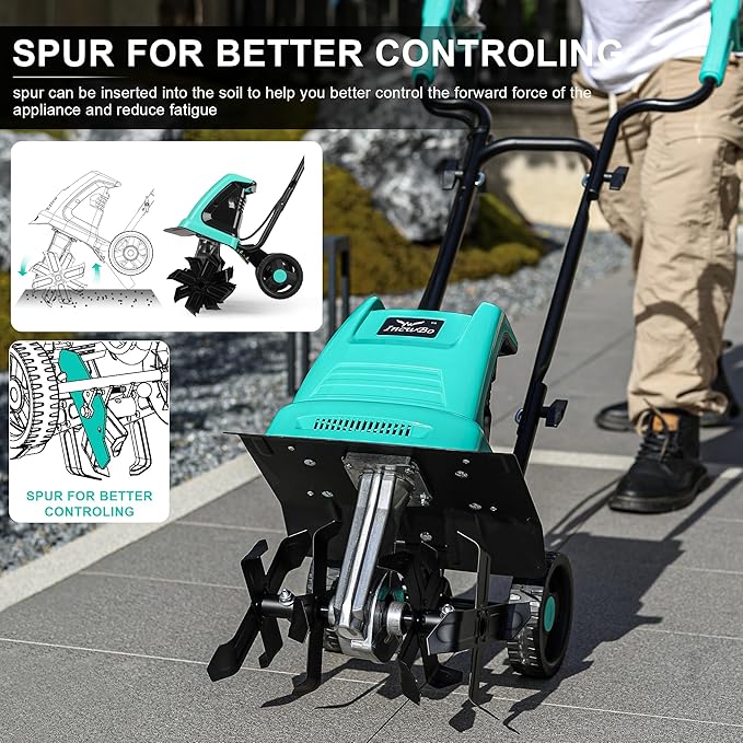 IncwBo 13.5 Amp 12 Inch Electric Tiller/Cultivator with 4 Steel Tines, 8'' Tilling Depth Small Garden Tiller for Gardening, Corded Rototiller with Adjustable Wheels