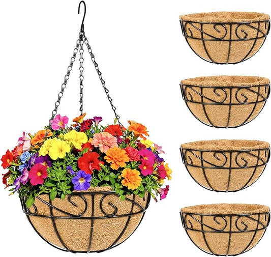 Metal Hanging Planters Basket Set of 4 Outdoor with Coco Fiber Liners Chain Hanging Basket Suitable for Vegetables Flower Heavy Duty Round Plant Holder Garden Balcony Patio Deck Porch Decor