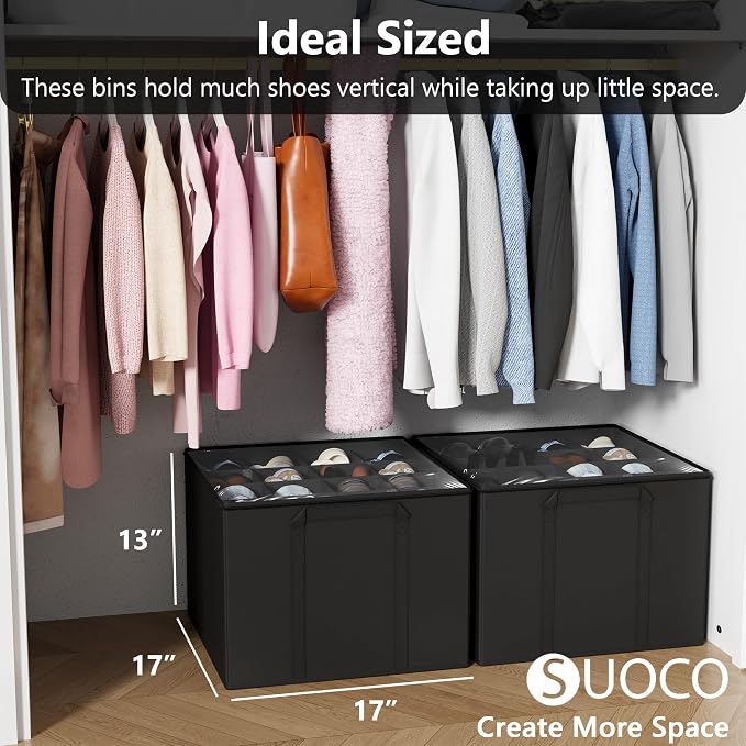 SUOCO 2 Pack Shoe Organizer for Closet, Fits up to 32 Pairs, Small Space Shoe Storage Boxes Bins Containers w/Adjustable Dividers and Clear Top, Black