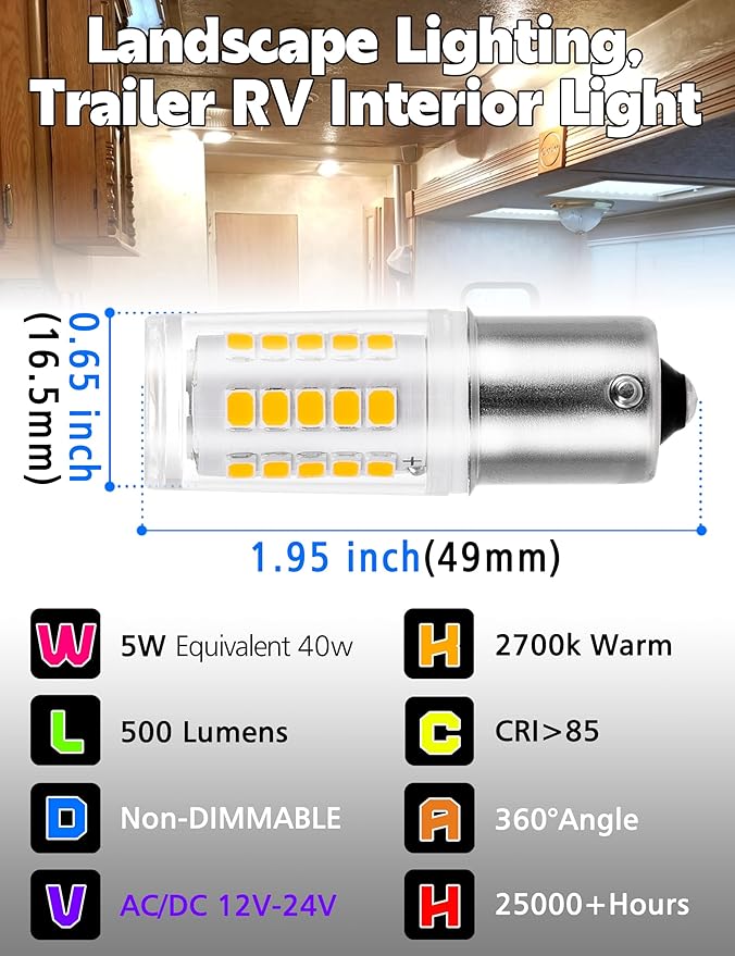 12-24V BA15S Led Bulb, 5 Watt 500LM Landscape Light Bulbs, 2700K Warm White, 1156 1141 1003 S8 SC Bayonet Single Contact Base for Landscape Lighting RV Camper Marine Boat Trailer Lights, 10 Pack