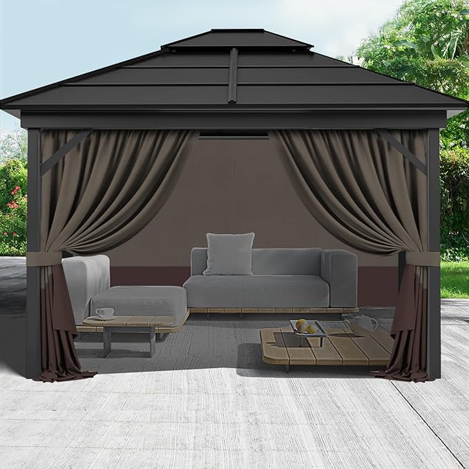 Gazebo Privacy Curtains 10' x 10' with Zipper 4-Panels Side Wall Universal Replacement for Patio, Outdoor Canopy, Garden and Backyard Khaki and Brown (Curtain Only)