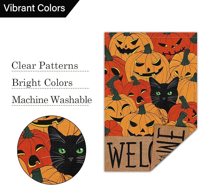 Louise Maelys Halloween Welcome Garden Flag Black Cat Pumpkin 12x18 Inch Double Sided Boo Holiday Fall Autumn Seasonal Small Burlap Yard Sign Outside Outdoor House Decoration