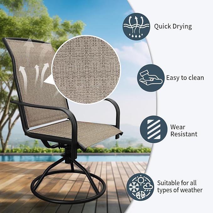 SHGJ&SOFT Patio Swivel Chairs, Waterproof Outdoor Dining Chairs with All-Weather Textilene Mesh for Deck, Garden, and Backyard (Plain Backrest-Brown, Set of 2)