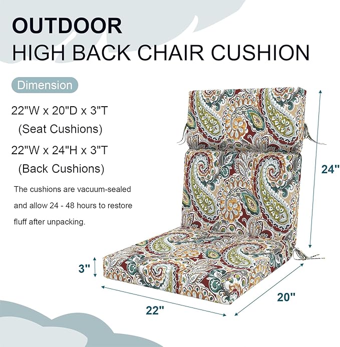 DYTXIII Outdoor High Back Chair Cushions Set of 2, 44"x22" Water Repellent Patio Seat Cushions with Elastic Sponge, All Weather Chair Pads for Rocking, Dining Chairs, Patio Furniture - Paisley Chilli