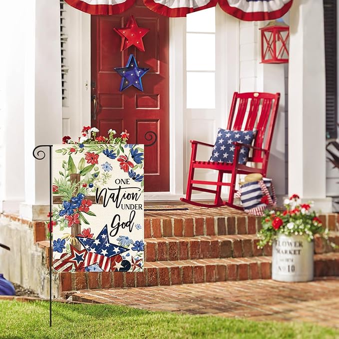 AVOIN colorlife Memorial Day Patriotic 4th of July Garden Flag 12x18 Inch Double Sided Outside, Flowers Cross Yard Outdoor Decoration