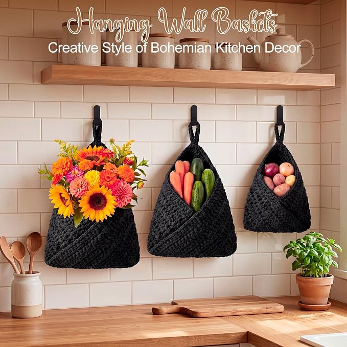 Honeydak 3 Hanging Baskets, Black, Triangle, Cotton Rope | Wicker Wall Baskets with Hooks for Fruit Vegetable Onion Storage, Teardrop Organizer for Kitchen, Boho Farmhouse Decor