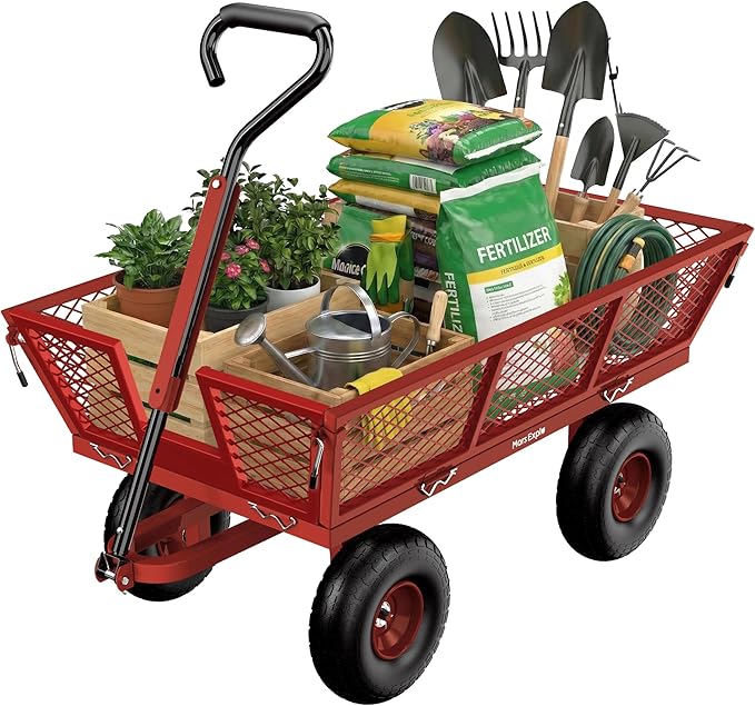 900 Lbs Heavy Duty Steel Garden Cart, Outdoor Metal Garden Wagon On Wheels, Utility Yard Cart with Mesh Removable Sides(Convert to Flatbed) and Removable Handle (to Wheel Barrow), Deep Red