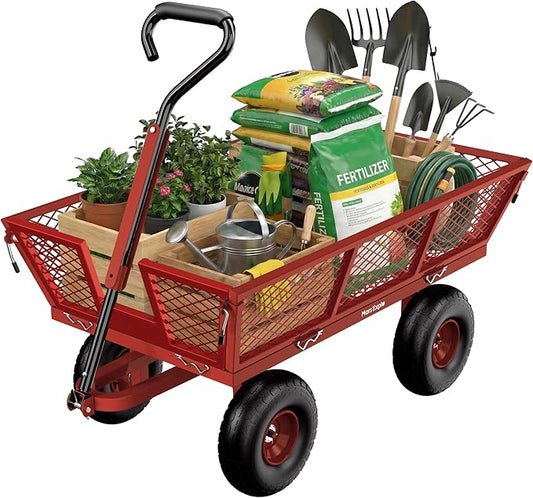 900 Lbs Heavy Duty Steel Garden Cart, Outdoor Metal Garden Wagon On Wheels, Utility Yard Cart with Mesh Removable Sides(Convert to Flatbed) and Removable Handle (to Wheel Barrow), Deep Red