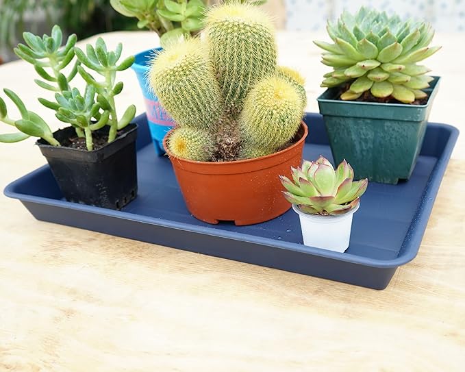 VUWEZ 4 Pack Plant Saucer Tray Rectangular, Plant Growing Nursery Trays, Heavy Sturdy Seed Starting Trays, Plant Starter Trays for Indoors No Holes, Seed Starter Growing Tray (17.5"x10.6", Blue)