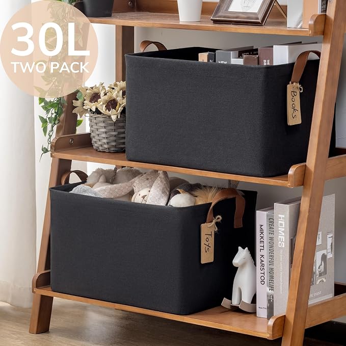 CHICVITA 30L Large Fabric Closet Bins for Shelves, 2Pack, Black | 16 ¾" L x 11" W x 9 ¾" H Storage Baskets for Clothes, Toys & Towels, Fits Bedroom & Living Room Organization, Leather Handles