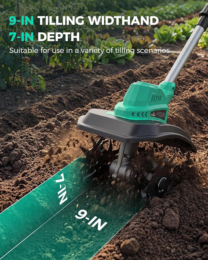 21V Cordless Tiller Cultivator for Gardening, 350 RPM Electric Garden Tiller with 2×3.0Ah Batteries, 9-Inch Tilling Width 7-Inch Depth Lightweight Hand Tiller for Soil Cultivation, Lawn, Composting