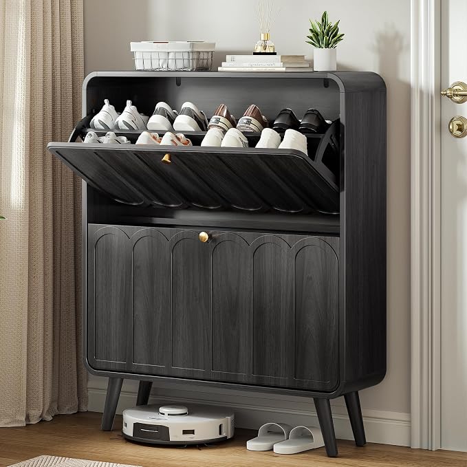 Decofy Shoe Cabinet with 2 Flip Drawers, Expanded Panel for Long Footwear, Freestanding Shoe Storage Cabinet with 3-Gear Adjustable Shelves, Narrow Shoe Cabinets for Entryway, Solid Wood Legs, Balck