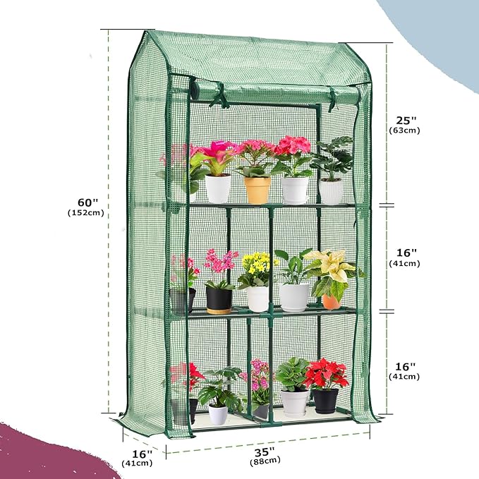 Purlyu Mini Greenhouse for Indoor Outdoor, Small Plastic Plant Green House Rack Stand Portable Greenhouses with Durable PE Cover for Seedling 60 "x 35"x 16",20 Pcs T-Type Plant Tags Include（PLGH4053G）