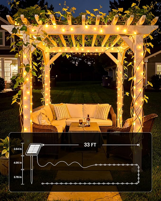 Minetom 2 Pack Solar String Lights, Total 66Ft 200 LED Solar Fairy Lights Outdoor Waterproof with 8 Modes, Twinkle Lights for Outside Patio Yard Tree Party Wedding DIY Christmas Decor (Warm White)