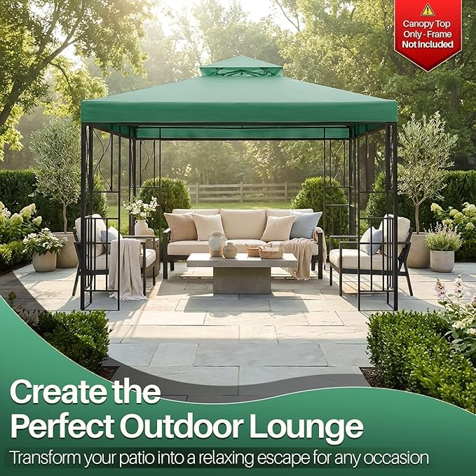 Flexzion 8x8 Gazebo Canopy Replacement Top Waterproof Cover - Outdoor Gazebo Canopy Cover - Double Tier UV30 Cover for Canopies, Garden, Patio, Yard Tent (Green)