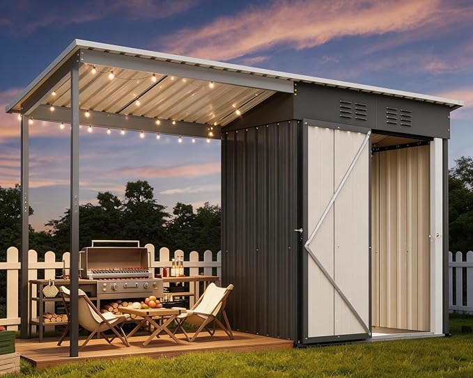 Waterproof 9.6'x2.3' Storage Shed and Gazebo Combo, Heavy Duty 2-in-1 Lean-to Tool Storage Garden House with 5'x2.3' Open Pergola, Lockable Door for Patio, Backyard, Lawn, Metal, Gray