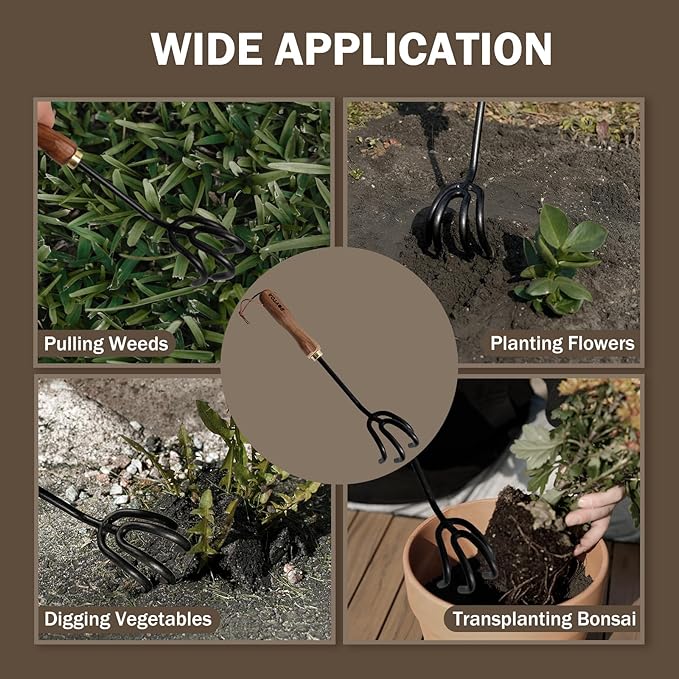 ROYTOA Hand Cultivator Rake, Ergonomic Small Garden Rake with Walnut Handle & 4 Durable Tines, Garden Tools for Weeding, Digging and Cultivating