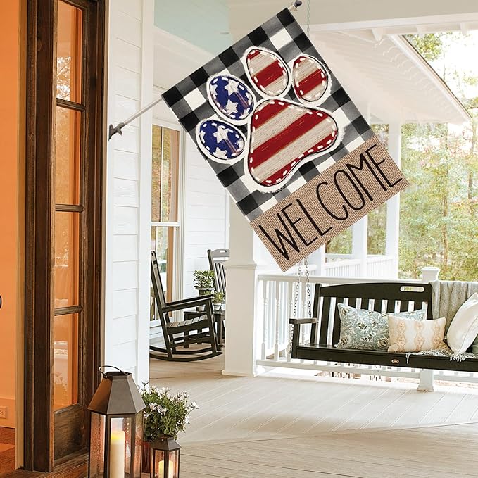 AVOIN colorlife American Flag Paw Print Patriotic 4th of July House Flag 28x40 Inch Double Sided Outside, Welcome Buffalo Plaid Yard Outdoor Decoration