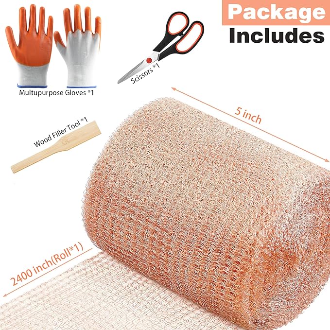 Copper Mesh Rodent Control, 5 in x 200 ft Wire Screen Roll for Mice Rat Rodent, Bat & Snail, Copper Mesh Roll for Weep Hole Filler, DIY Pest Blocking for Home and Garden