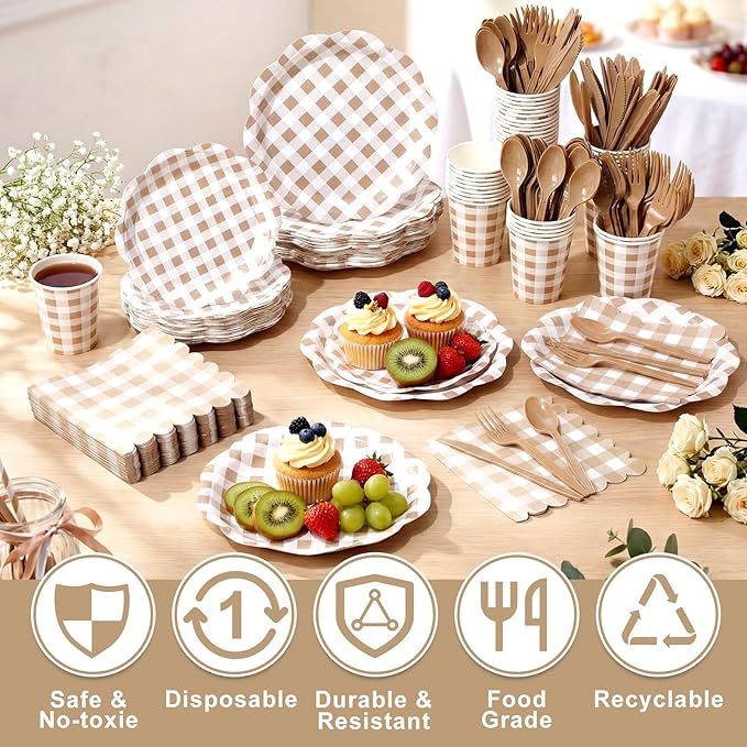 Funnymoom 400 Pcs Gingham Party Supplies for 50 Guests Khaki and White Paper Plates and Napkins Knives Spoons Forks Cups Disposable Checkered Dinner Party Set Cutlery for Baby Shower Wedding Favor