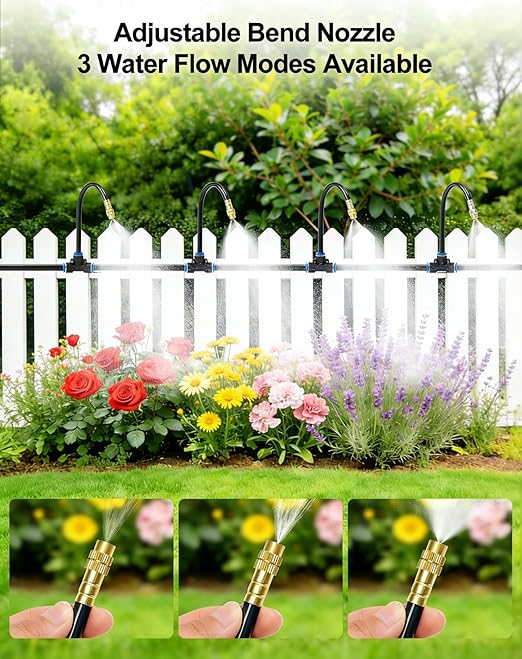 100FT Drip Irrigation System, 5/16" Hose Solves Dry End, 360° Adjustable Copper Nozzles Garden Watering System, Automatic Misting Irrigation Kit for Greenhouse, Yard, Lawn, Plants