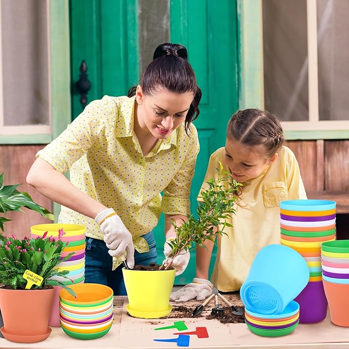 Hahood 36 Pack 5.5 Inch Plastic Plant Pots with Saucers Colorful Flower Plant Container Seed Starting Pots Thickened Seedlings Nursery Pots for Home Garden Indoor Outdoor Flowers, 9 Colors