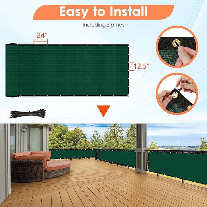 iCover 5x25ft Privacy Screen Fence, Outdoor Fencing Panels, Garden Windscreen Mesh Shade Sail Net Barrier, Include Reinforced Bindings and Brass Grommets Cable Zip Ties, Green