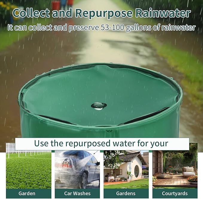 Collapsible Rain Barrel, Portable Water Storage Tank with Filter and Spigot, Rainwater Collection System, Foldable Water Container for Garden Use, Eco-Friendly Water Conservation Solution Green 100 G