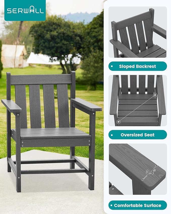 SEWRWALL 3 Pieces Patio Bistro Set, All Weather Adirondack Chair Set with Side Table, HDPE Material Outdoor Patio Furniture Set for Balcony, Porch, Garden, Backyard- Gray