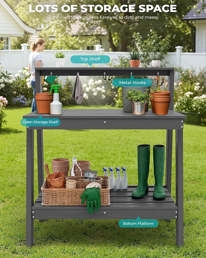 SERWALL Potting Bench Outdoor with Storage Set of 2, 3-Tier HDPE Gardening Table with Angled Legs & Tool Hooks, All-Weather Heavy Duty Potting Table for Patio, Backyard, Garden, Gray