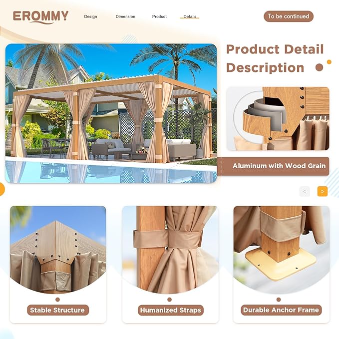 EROMMY Louvered Pergola 12x20, Outdoor Aluminum Pergola with Adjustable Rainproof Roof for Garden, Patio, Deck, Waterproof Curtains and Netting Included, Wood Grain
