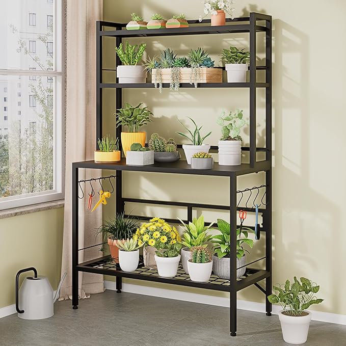 Outdoor Potting Bench Table with Storage, 63" Tall Metal Garden Workstation, 4-Tier Plant Stand Shelves with 8 Hooks, Heavy Duty All-Weather Potting Table for Patio, Backyard, Balcony, Black