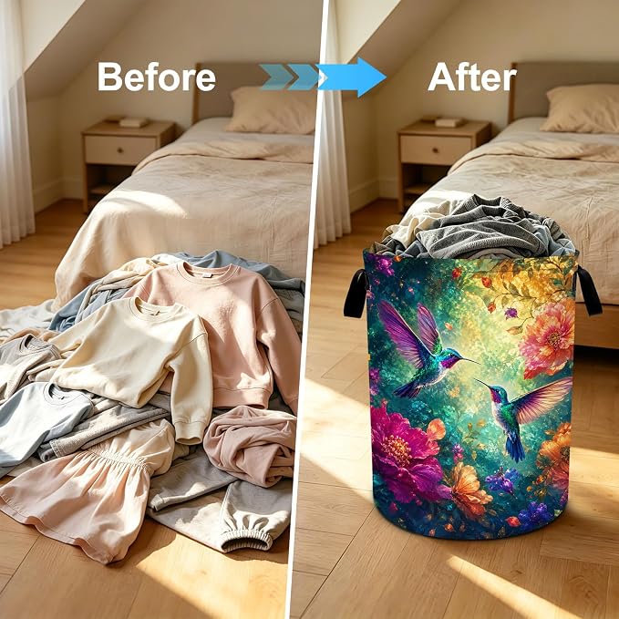 Humming Bird Laundry Basket Collapsible Oxford Laundry Hamper Clothes Storage Bin with Handles for Bedroom Bathroom Laundry Room 19.6 x 15.7 Inches