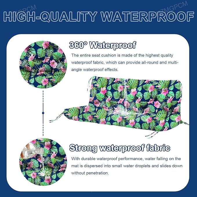 Extra Thick 5" Waterproof Porch Swing Cushions Outdoor 60 inch Swing Cushions 3 Seater Replacement with Backrest and Ties for Outdoor Furniture Patio Bench Garden（Flower02）