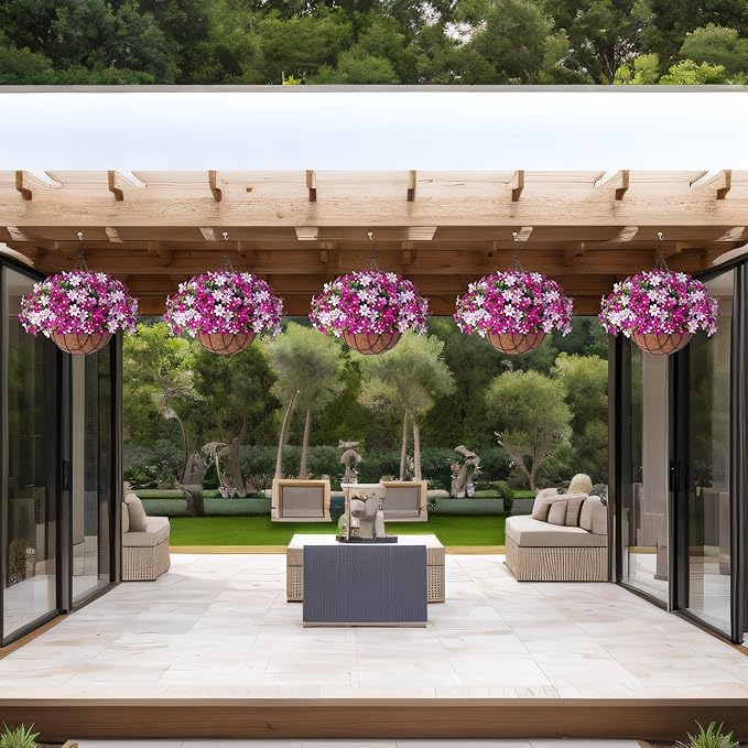 INXUGAO Artificial Flowers with Hanging Planter for Outdoor Decor, Faux Silk Daisy UV Resistant Plants in Basket for Indoor Porch Garden Yard Spring Summer Decor(Violet)