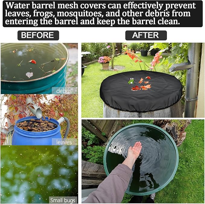 39’’ Mesh Cover for Rain Barrel with Drawstring 2 Pcs Water Collection Buckets Cover Rain Collection Barrels Netting Screen to Keep Leaves and Debris Out